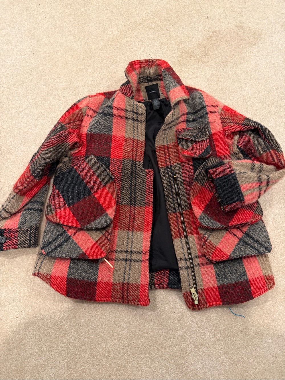 SMYTHE Plaid Wool Blend Oversized Jacket Shacket Red Black Tan Size L